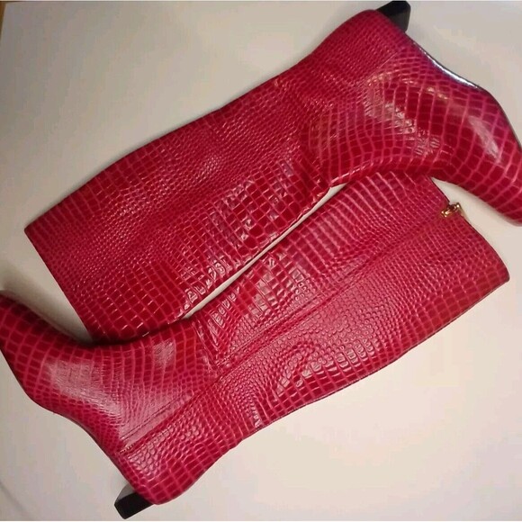Frances Valentine Sz 9 Mackie Knee High Red/Pink Croc-Embossed Leather Boots - Picture 4 of 16